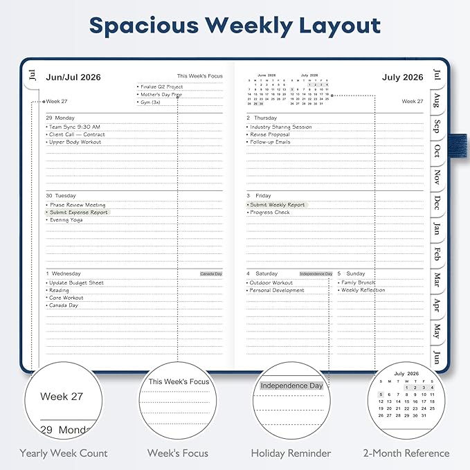 OMEYA Leather Academic Planner 2026-2027: A5 Navy Blue Business Weekly & Monthly Planner for Work, July 2026 – June 2027, 100gsm Thick Paper, Durable Stitched Binding, Tabs, Pen Loop, Pocket