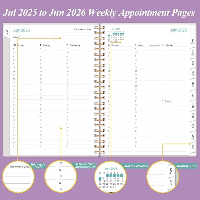 2025-2026 Appointment Book & Planner - 2025-2026 Daily Hourly Planner from July 2025 - June 2026, Weekly Appointment Book with 30-Minute Interval, Medium 6.4" x 8.5", Purple