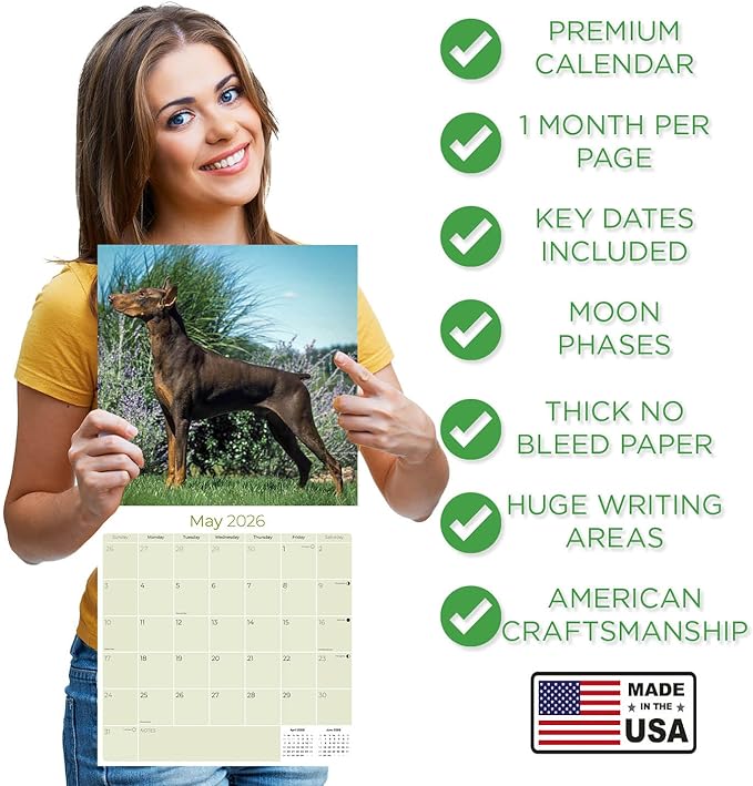 Doberman Calendar 2026 – 16-Month Dog Breed Wall Calendar by MegaCalendars – Large Daily Blocks, Thick No-Bleed Paper, Made in USA