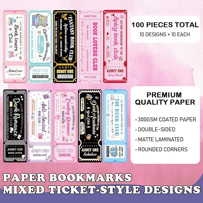 Vintage Ticket Bookmarks Gifts Set, 100 PCS Aesthetic Book Club Theme Paper Bookmarks Double Sided Matte Laminated Reading Gifts for Book Lovers Women Men Readers