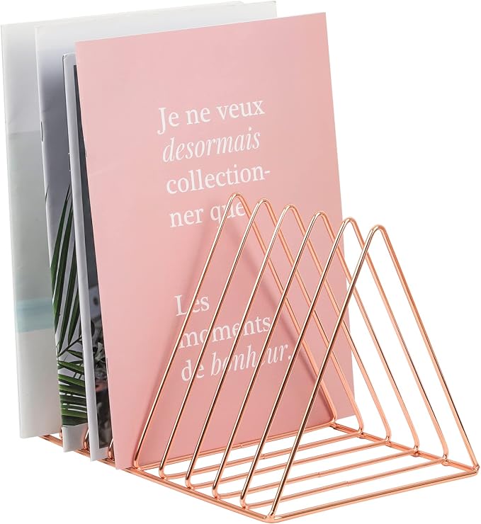 EASEPRES Rose Gold Magazine Holder, Desktop File Sorter Organizer Triangle 9 Slot Newspaper Record Storage Shelf Rack for Home Office Decoration