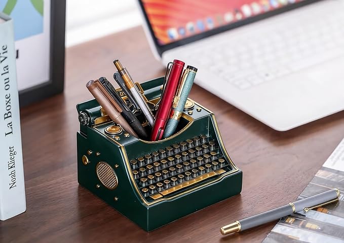 Retro Typewriter Pen Holder Decorative Resin Vintage Pencil Holders Desk Organizer for Writer's Desk (Green)