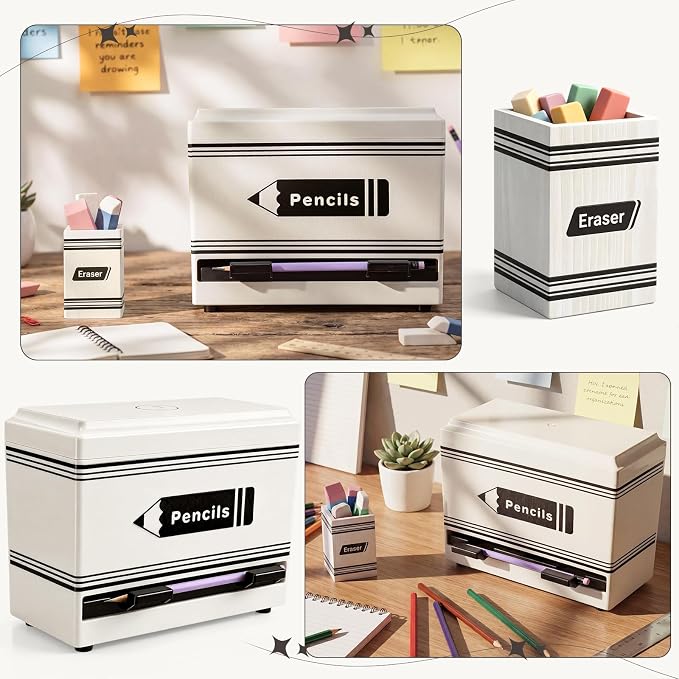 Gueevin 2pcs Pencil Dispenser for Classroom, Fun Desk Organizer with Eraser Holder, Interactive Pencil Storage for Teachers, Students & Homeschool Desk Organizer, Back to School Supplies(White)