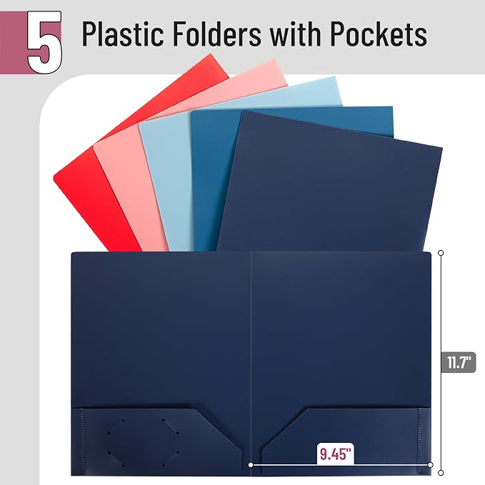 Mr. Pen- Plastic Folders with Pockets, 5 pcs, Aesthetic File Folder with Business Card Slot, 2-Pocket Folder, Back to School, Office, Filing Supplies