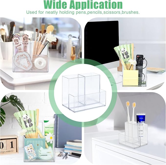 Small Acrylic Desk Organizer, Clear Acrylic Pencil Pen Holder, 3 Slots Desk Accessories Desktop Desk Tidy Caddy Makeup Brush sorter Holder for Office Vanity Countertop Bathroom Bedroom