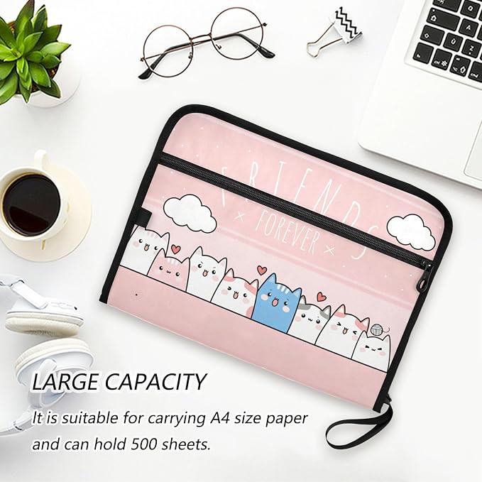 Cute Kitty Cat Pink Expanding Accordion File Folder with 13 Pockets, Sticky Labels & Zipper Closure