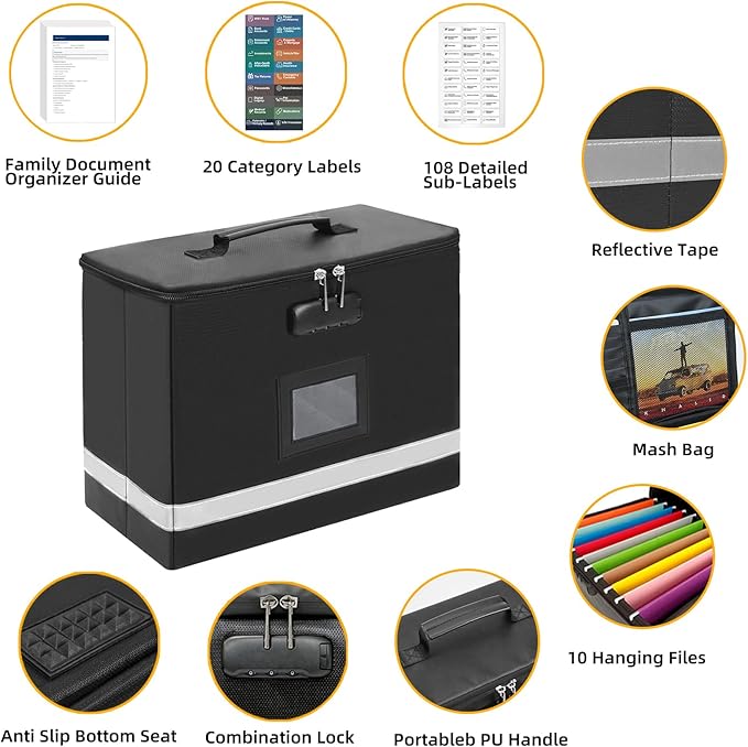 Deluxe Pro Small Next of Kin Box Organizer with 55-Page Family Document Guide, Fireproof Foldable File Organizer with Combination Lock, 5 Hanging Files and 128 Category Labels (13"L×6.3"W×8.3"H)