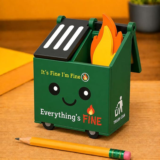 Desk Dumpster Fire Pen Holder – Everything’s Fine Funny Office Desk Decor, Mini Trash Can Pencil Holder Organizer with Flame Note Cards, Stress Relief White Elephant Gag Gift for Coworker