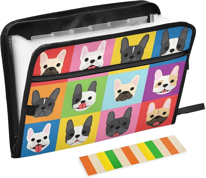 13 Pockets Expanding File Folder French Bulldog Pop Art with Sticky Labels Accordion File Folder Document Organizer Letter Size A4 Papers Expandable File Keeper