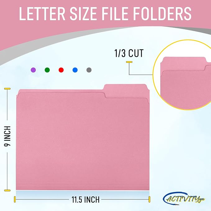 Pink File Folders, 1/3-Cut Tabs, Letter Size, 12-Pack – Durable Office Filing Folders for Documents, Papers, and Organization