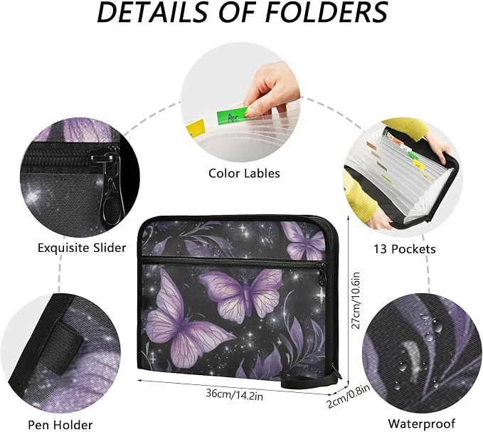 Purple Butterflies Accordion File Organizer Expanding Document Folder with 13 Pockets Portable File Folder for A4 Letter Size