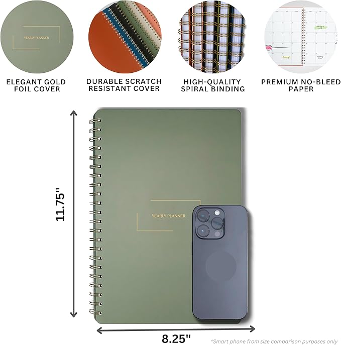 | Undated Yearly, Daily, Weekly, Monthly Planner | 8.25" x 11.75" | To Do List Notebook for Work | Simple Design | Multiple Layouts | Academic Planner and Organizer Notebook (Evergreen, Yearly Planner - Portrait)
