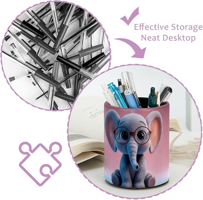 Leather Pen Holder for Desk, Cartoon Elephant Makeup Brushes Holder Pencil Cup Multifunctional Desktop Organizer Caddy for Home School Office Desk Accessories