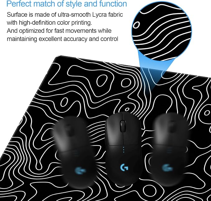 Black and White Topographic Map Gaming Mouse Pad - XXL Extended Desk Mat for Keyboard & Mouse (31.5" x 15.7") with Non-Slip Base & Stitched Edges - Washable Surface for Computer or Gaming Desk