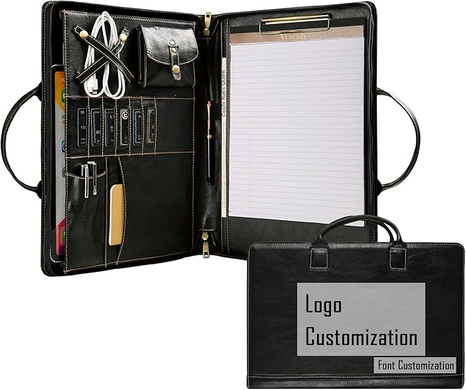 Oil Wax Leather Portfolio, Padfolio Organizer with Handle, Personalized Padfolio，Padfolio with Zipper for Men Women，Suitable for 15-inch Laptop Legal Pad Padfolio, Black