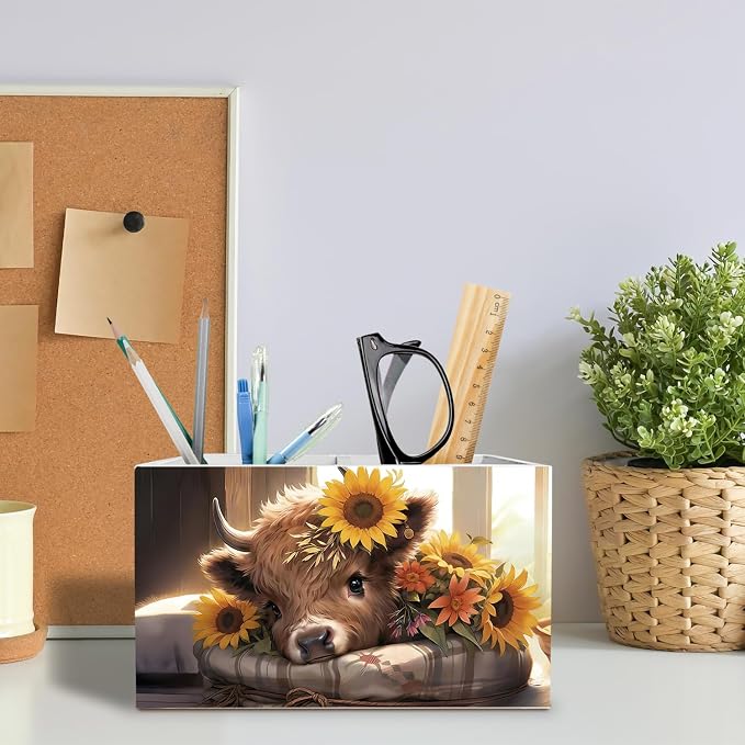 Sunflower Highland Cow Pen Holder for Desk, Highland Cow Lover Gifts Pencil Organizer, Cottagecore Wildflower Heifer Wooden Box Sign Desk Decor for Farmhouse Home Office Decoration