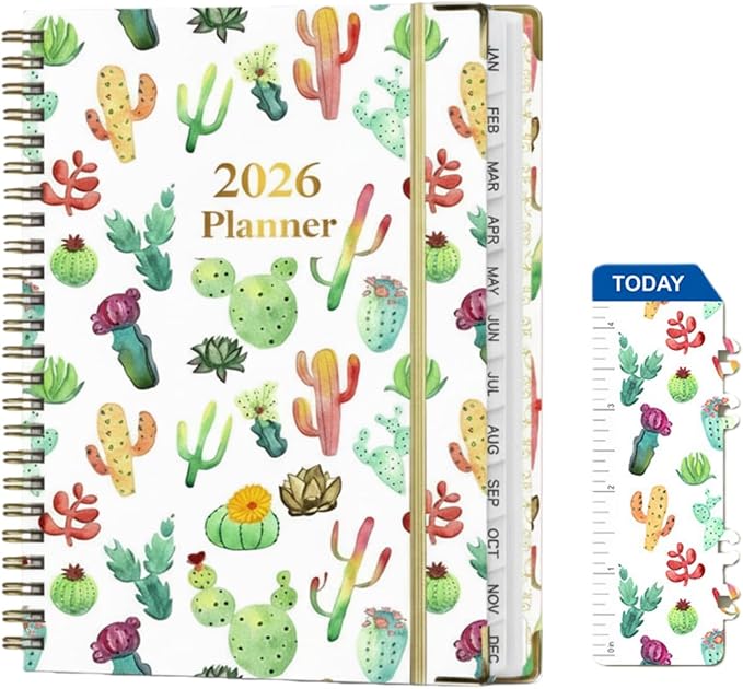 2026 Planner Weekly and Monthly,A5 Hardcover Calendar Jan 2026 to Dec 2026,Cute Cactus Aesthetic Agenda with Tabs,100GSM Thick Paper,Back Pocket & Elastic Closure for Women Teacher Student