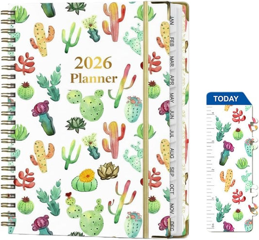 2026 Planner Weekly and Monthly,A5 Hardcover Calendar Jan 2026 to Dec 2026,Cute Cactus Aesthetic Agenda with Tabs,100GSM Thick Paper,Back Pocket & Elastic Closure for Women Teacher Student