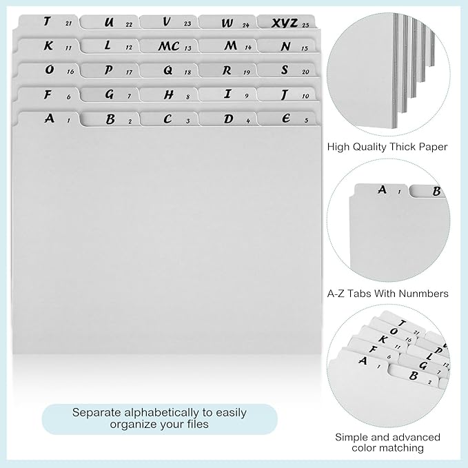 2 Set 50 Pcs Alphabet File Dividers A-z Top Tab Guides Set, Letter Size Filing Organizers 1/5 Cut Alphabetical File Folder Tabs for Home, Office, School(Gray Colors)