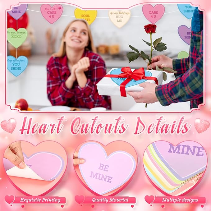 Taobary 24 Pcs 7.08 Inch Large Heart Cutouts Paper Valentine's Day Conversation Heart Shaped Cutouts Craft Pastel Valentine Bulletin Board Decorations for Classroom Poster Wall Decor Party Supplies