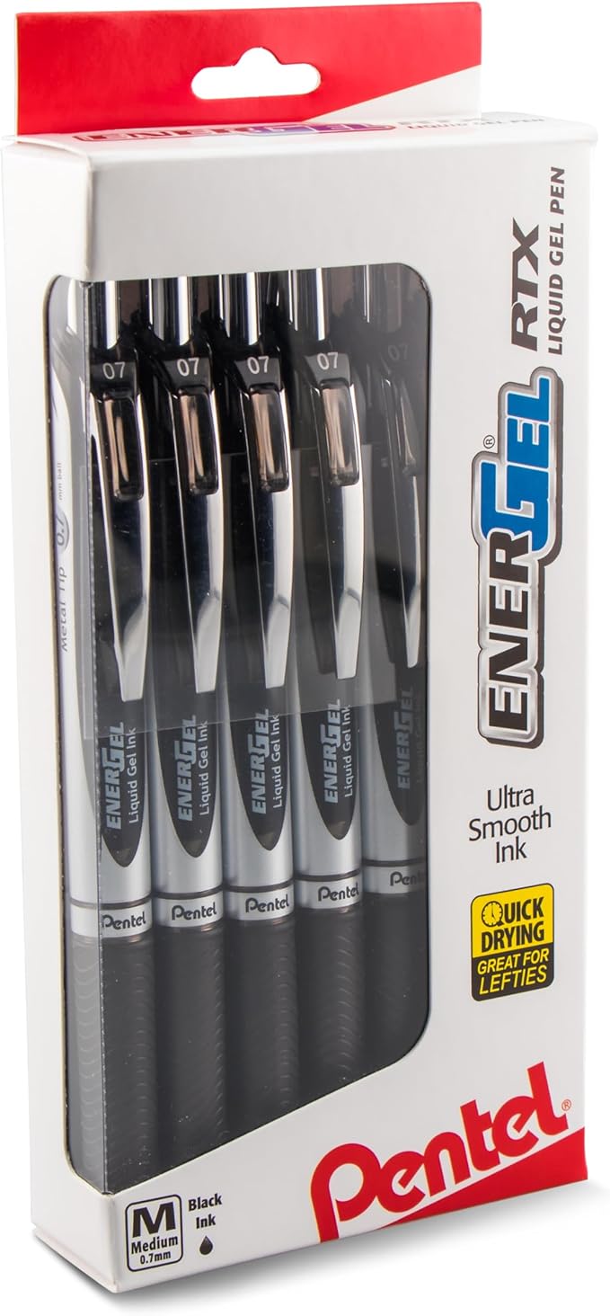 ENERGEL Pentel RTX Retractable Liquid Gel Pen, (0.7mm), Medium Line, Metal Tip, Black Ink, Window (BL77PC12A1) (Pack of 1, 12 Count Total)