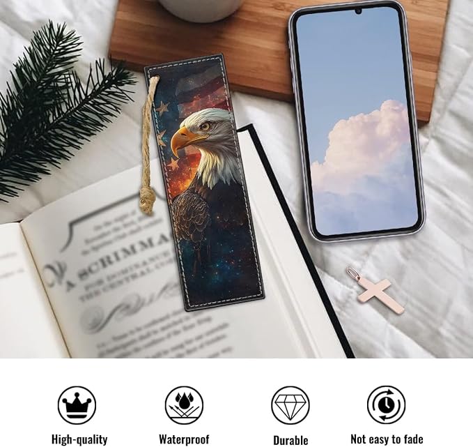 Leather 2 Pieces Bookmark for Men Women Book Lovers Ideal for Birthday Present, Eagle with Flag Leather Bookmarks for Women Teacher
