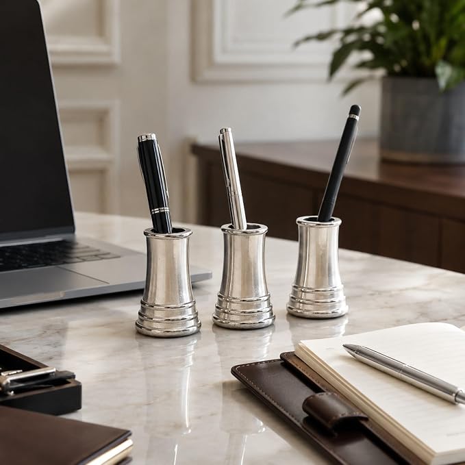 LUOZZY 3 Pcs Metal Single Pen Holder for Desk Copper Pen Base Stand Holder for Home Office (Silver)