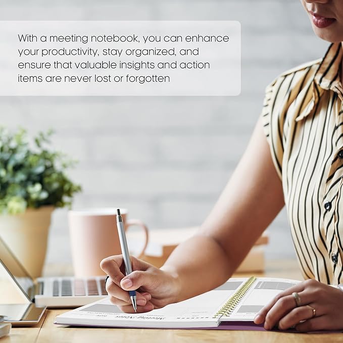 Taja Meeting Notebook for Work Organization - Work Planner Notebook with Action Items, Agenda Planner for Note Taking, 160 Pages (6.9" X 9.9") Project Organizer for Men & Women - Purple