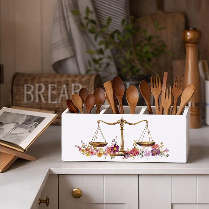 Law Desk Organizer Wooden Pen Pencil Holder for Desk, 3 Compartments Office Accessories, Justice Scale Lawyer Theme Decor, Legal Office Table Storage Organizer for Women Men