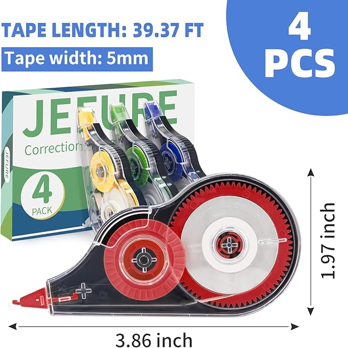 4 Pcs Colorful Correction Tape, 39.4 Ft White Wrong Out Tear-Resistant Bulk, Instant Corrections Easy To Use Applicator for School, Office, Note Taking, Journal (Tape Width 0.2 in, Clear)
