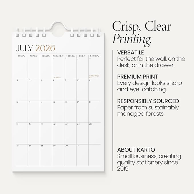 Karto Small Wall Calendar 2026-2027 - Vertical 6x9 inch January 2026 to June 2027 - Small, Versatile, and Easy Planning with the Aesthetic Desk Monthly Calendar - Boho