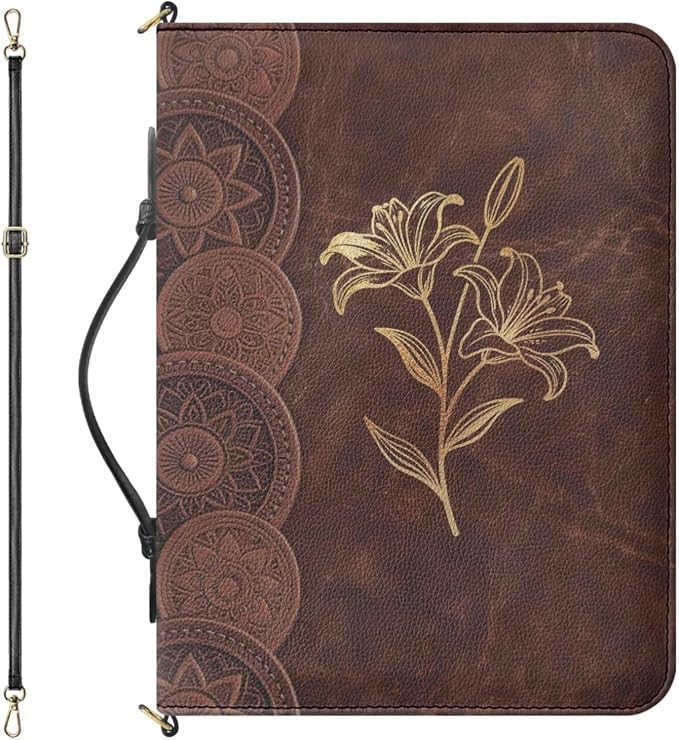 Bible Bag for Girls Gold Line Lily Pattern with Shoulder Strap XXL | Bible Cover with Strap and Handle,PU Leather Bible Protecto, Inner Pockets and Pen Loop, Bible Study Supplies for Girls