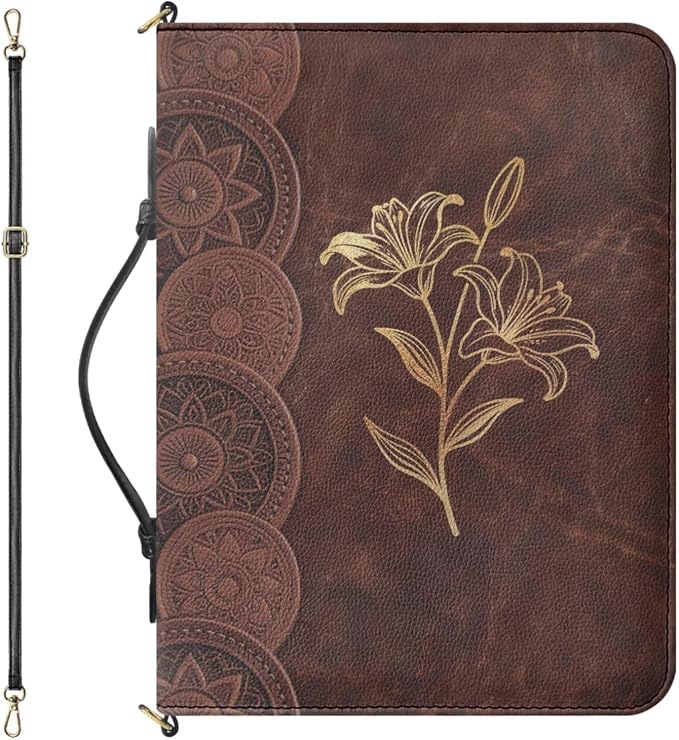Bible Bag for Girls Gold Line Lily Pattern with Shoulder Strap L | Bible Cover with Strap and Handle,PU Leather Bible Protecto, Inner Pockets and Pen Loop, Bible Study Supplies for Girls