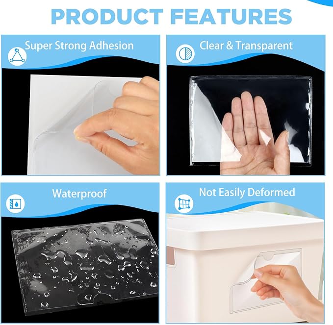 40 Pack Clear Self-Adhesive Pockets, 4" x 6" Index Card Pockets With Top Open Loading, PVC Label Holders for Organizing storage bins, Library Card, Drawer, and Protecting Your Cards