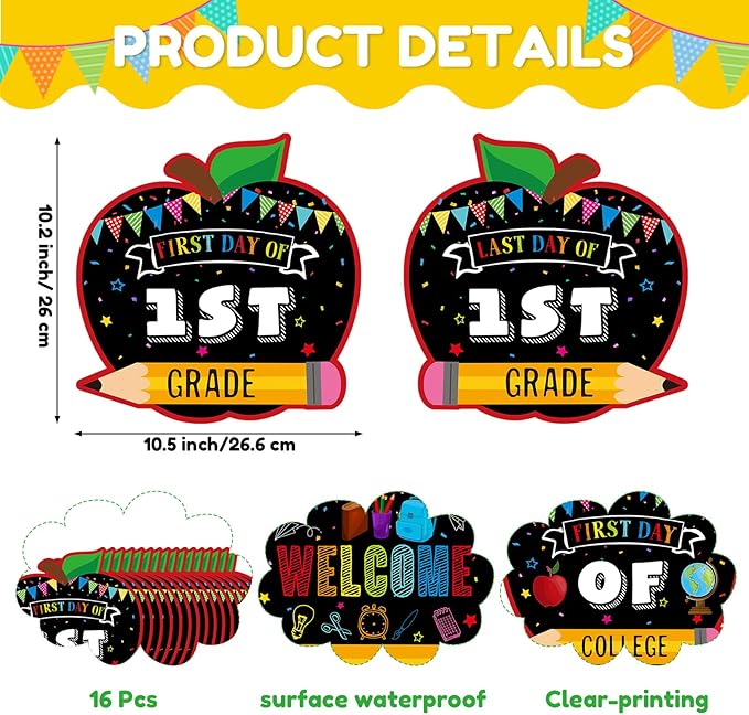 Pasimy 16 Pcs First and Last Day School Grad Signs Reversible Reusable Paper Apple Chalkboard Signs Back to School Photo Prop Preschool Kindergarten 1st-12th Grades to College for Kids Girl Boy