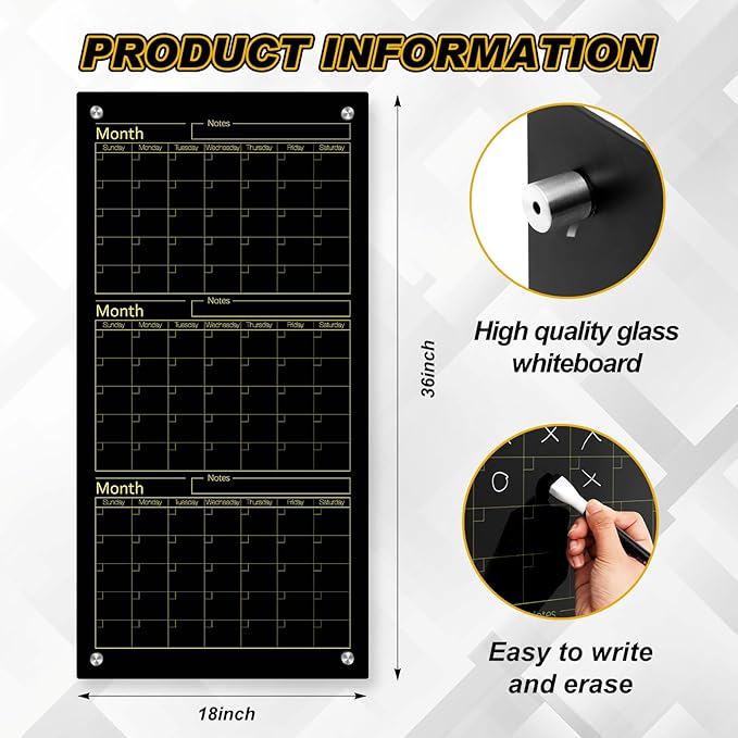 Black Glass Whiteboard Calendar 36" X 18" 3 Month Dry Erase White Board Planner Glass Large Wall Mounted Calendar with Marker Tray for Wall Home Office