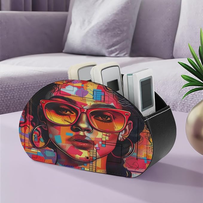 Remote Control Holder,Girl Wearing Sunglasses Printed PU Leather Remote Caddy Desktop Organizer with 5 Compartments for Media Accessories & Office Supplies Storage