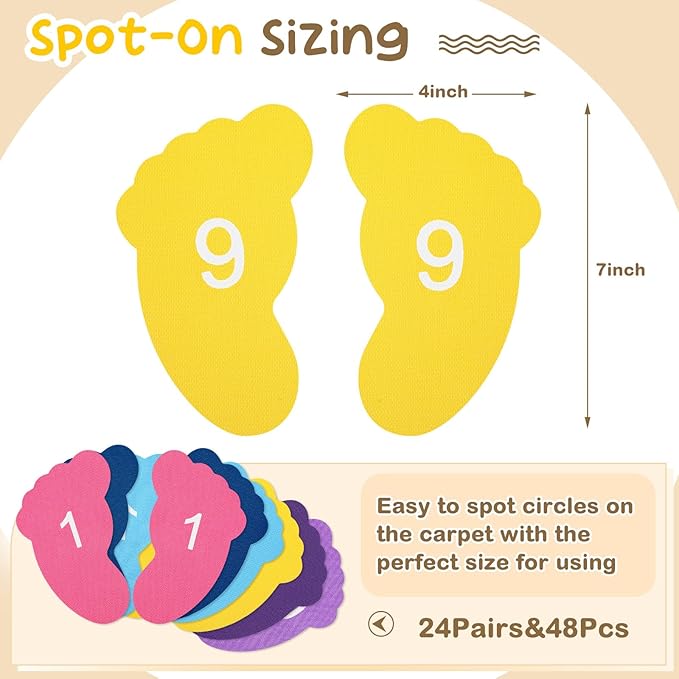 Outus 48 Pcs Carpet Feet Spots, Line up Sit Foot Spots for Classroom Floor, Carpet Markers for Teacher Supplies Classroom Rug, School Decoration(Multicolor)
