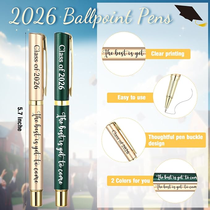 Affrolling 12 Sets Class of 2026 Graduation Gifts Bulk – Graduation Pens, Compass Bookmarks, Cards & Clear Gift Bags, Inspirational Party Favors for Students & Teachers(Green,Gold)