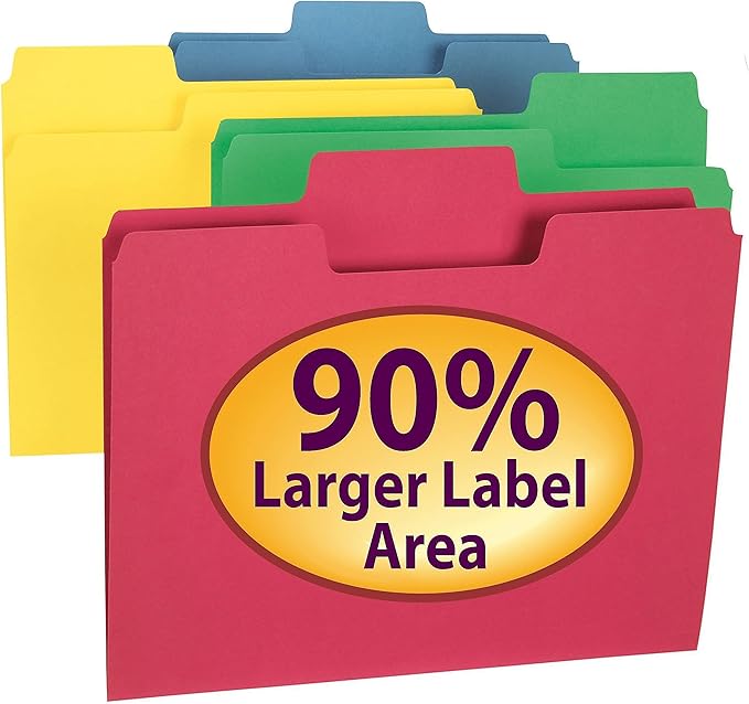 Smead SuperTab File Folders, Oversized 1/3-Cut Tab, Letter Size, Assorted Primary Colors, 24 per Pack (11956)