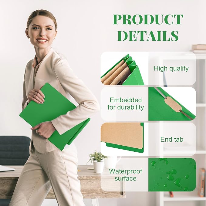 Skyygemm 24 Pcs End Tab Classification Green File Folders 3 Dividers Letter Size with 3.5'' Fasteners and 2 Prongs, Manila Folders Bulk for Office Business Classroom