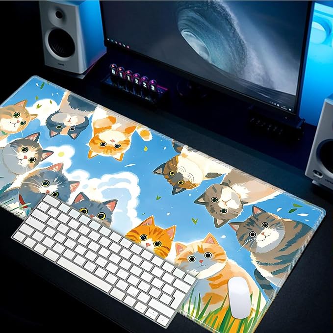 Mouse Pad Gaming Mousepad 31.5x11.8 Inch XXL Large + Coasters,Desk Mat with Stitched Edges, Non-Slip Rubber Base, Thick Mouse Pad for Computer, Laptop, Office & Home - Cute Cat Family
