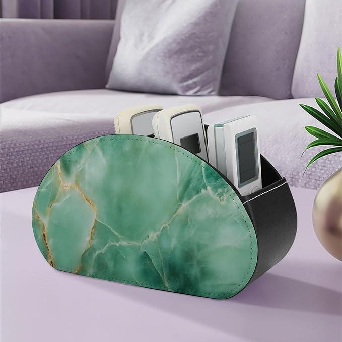 Marble Jade Stone Remote Control Holder with 5 Compartments Leather TV Remote Caddy Remote Storage Box Desktop Organizer for Pen/TV Remotes/Media Controllers/Office Supplies