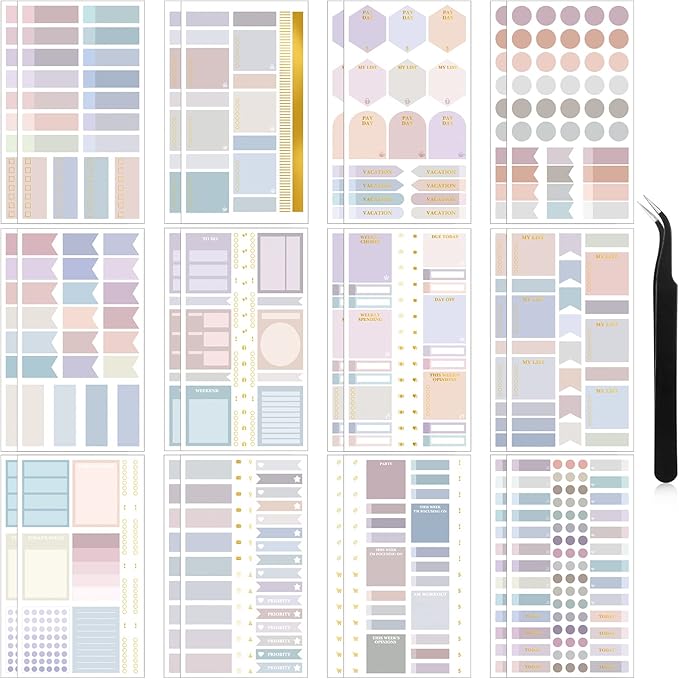 24 Sheets Pastel Functional Planner Stickers with Elbow Tweezer Mixed Metallic Functional and Elegant Stickers for Planners Notebooks Budgeting(Lovely Color)