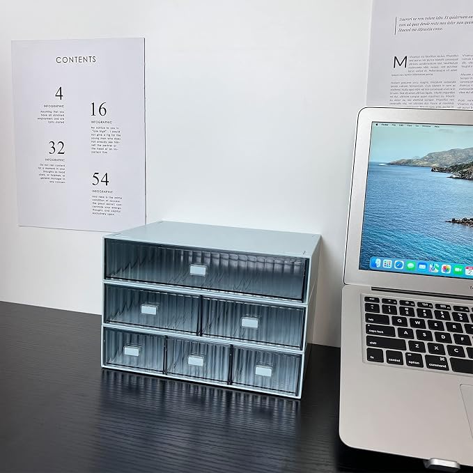 Desk Drawer Organizer, Stackable Plastic Storage Drawer, Grocery Organizer For Stationery/Office Supplies (Blue, 3 Compartment)