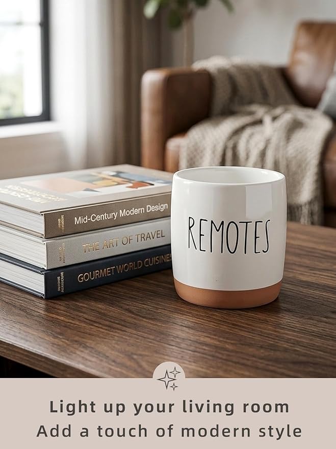 LEETOYI Ceramic Remote Caddy Storage, 4.8 Inch Remote Control Holder, Farmhouse Organizer for Pen Holder, Makeup Brush Holder, Office Supplies, White/Brown