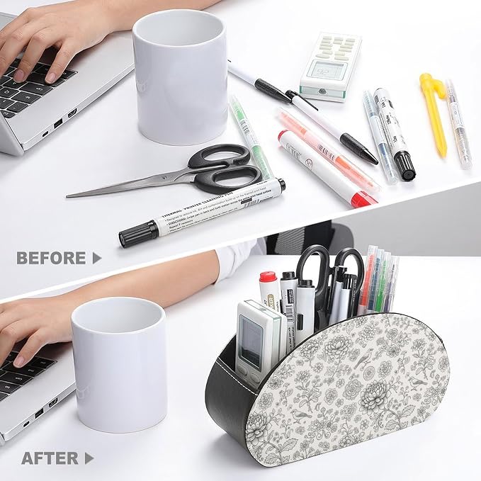 PU Leather TV Remote Organizer, 5-Compartment Desktop Caddy for Media Controllers, Office, and Living Room, Flower Bird Floral