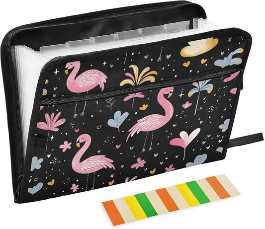 Pink Flamingo Black File Folders,Plastic Folders with 13 Pockets,Expandable File Folder for Documents School Students Office,Aesthetic Folder with Labels A4 Letter Size