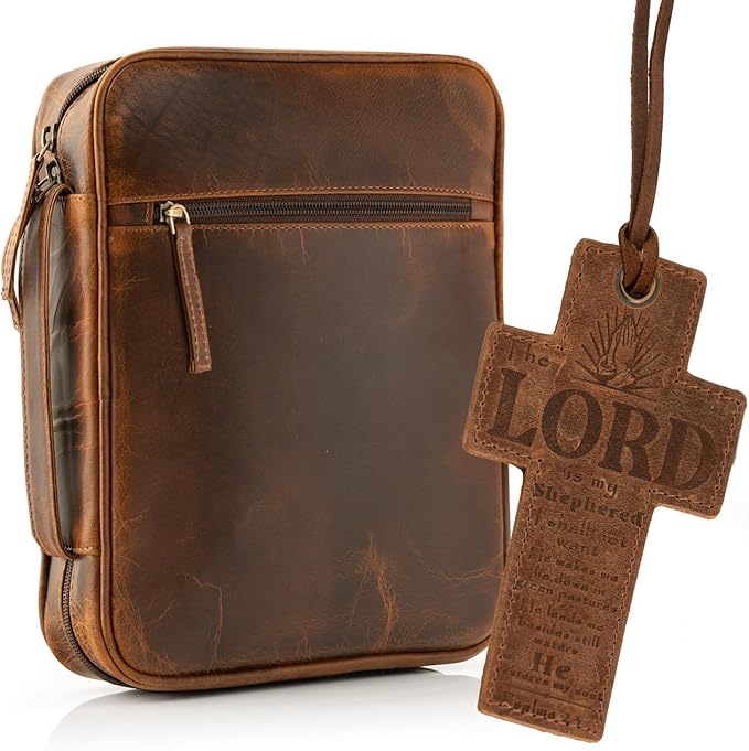 ELIZO Personalize Leather Bible Cover for Men Bible Case Women Holder Carrying Organizer Wrap Sleeve Protector Christian Religious Gift Cross Bookmark – Large Antique Brown