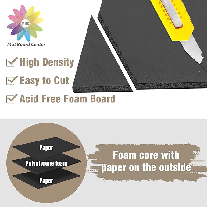 Mat Board Center, Pack of 10 Acid-Free Foam Boards, 20x24 inch Black Foam Boards, 3/16" Thick